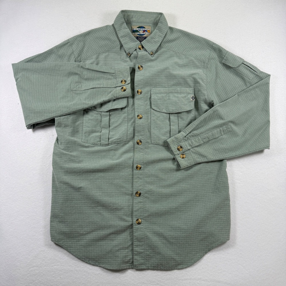 Vintage ExOfficio Travel‎ Wear Sz M Sage Green Grid Roll Tab Sleeve Hiking Shirt